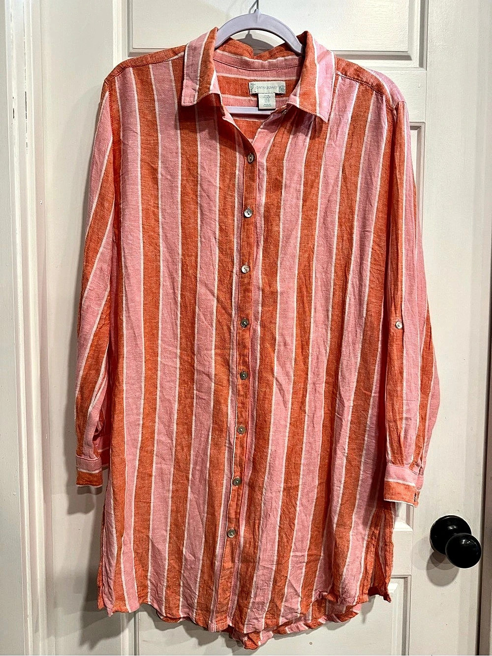 Cynthia Rowley Striped Linen Blend Button Down Size Medium Pink Orange EUC